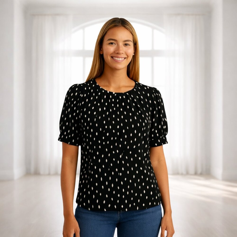 Worthington Black & White Smear Dot Puff Sleeve Blouse Medium Stretch Polka Top